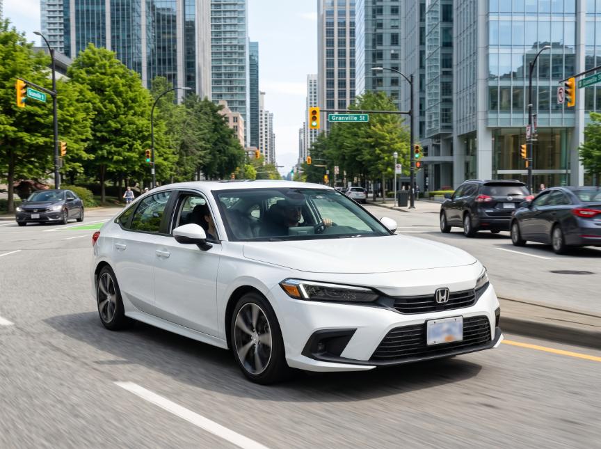 Student driver gaining experience by navigating through a busy downtown city environment